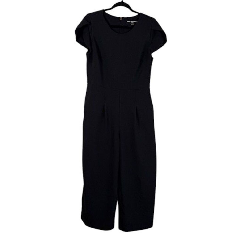 Karl Lagerfeld Wide Leg Jumpsuit Black Tulip Sleeve Pintuck front Pockets Size 8